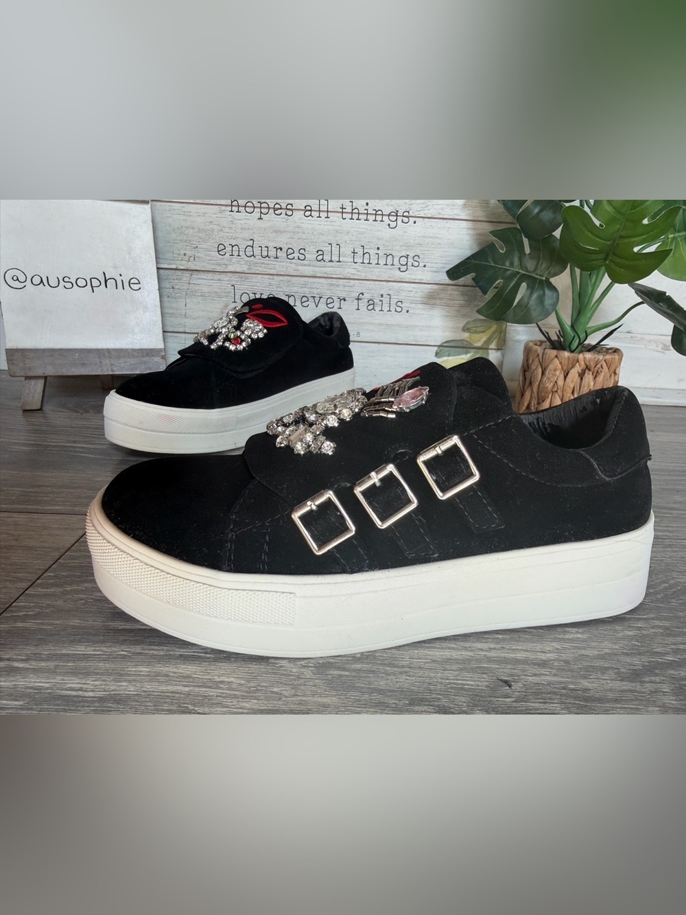 Pazzle Black Faux Suede Rhinestone Embellished VeIcro Buckle Sneaker. Size 6.5